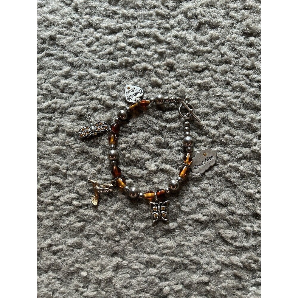 Vintage Amber Beaded Charm Bracelet Butterfly Dreams Dragonfly & Hummingbird